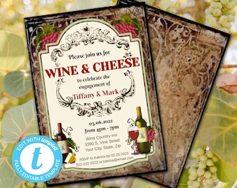 Fiesta de Vino y Queso, Plantilla Editable, Invitación Imprimible, Descarga Instantánea, Maridaje de Vino y Queso, Degustación de Queso