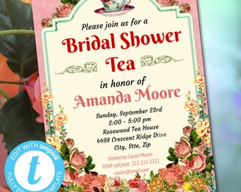 Floral Tea Party Invitation, Bridal Shower, Baby Shower (DIY Editable Printable)