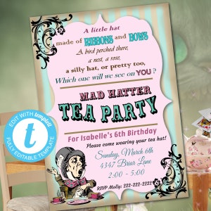 Bearbeitbare Alice im Wunderland Tea Party Einladungsvorlage, Mad Hatter Tea Party