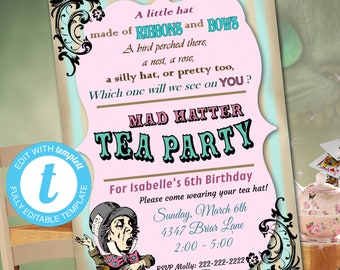 Sjabloon Alice In Wonderland Tea Party-uitnodiging, Mad Hatter (bewerkbare sjabloon van 5 x 7")