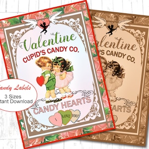 May include: A printable Valentine's Day label featuring a vintage illustration of two children with a heart-shaped candy box. The label reads "Valentine Cupid's Candy Co. Candy Hearts" with a smaller heart that says "I Love You!"