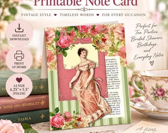 Jane Austen Printable Note Card, Regency Floral Greeting Card, Pride and Prejudice Stationery, Literary Gift, Digital Download