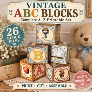 May include: A set of printable vintage ABC blocks featuring illustrations of a balloon, yacht, apple, and cowboy. The blocks display letters A, B, C, and Y. Text includes VINTAGE ABC BLOCKS, Complete A-Z Printable Set, 26 BLOCK FILES, and DIGITAL DOWNLOAD.
