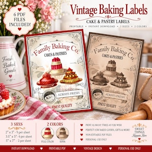 May include: Two rectangular printable labels featuring the text Family Baking Co. Cakes & Pastries and Always Fresh. One label is in full colour with red cakes, the other is in sepia tones. The design includes decorative borders and vintage typography.