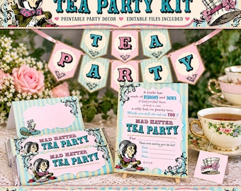 May include: A Mad Hatter Tea Party kit featuring printable party decor and editable files. Includes a banner with pink and blue pennants, candy bar wrappers, and an invitation card with text, all decorated with illustrations of a top hat.