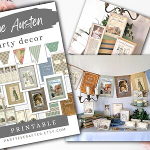 Pu&ograve; includere: Decorazione per feste Jane Austen stampabile con copertine di libri, striscioni e segnaposto. Il decoro &egrave; in stile vintage con una combinazione di colori blu e verde. Il testo "Jane Austen" e "Decorazione per feste" &egrave; presente nell'immagine. Il testo "Stampabile" e "Partyeverafter.etsy.com" &egrave; anche presente nell'immagine.