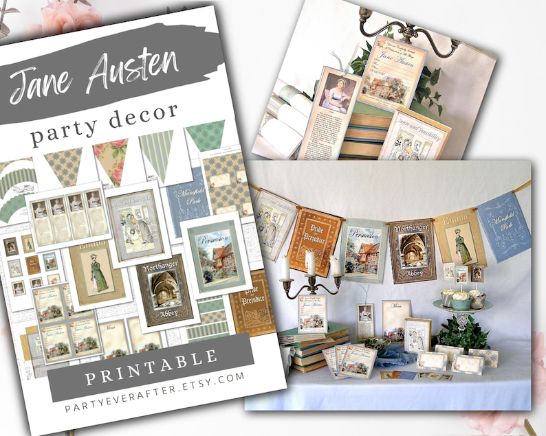 Pu&ograve; includere: Decorazione per feste Jane Austen stampabile con copertine di libri, striscioni e segnaposto. Il decoro &egrave; in stile vintage con una combinazione di colori blu e verde. Il testo "Jane Austen" e "Decorazione per feste" &egrave; presente nell'immagine. Il testo "Stampabile" e "Partyeverafter.etsy.com" &egrave; anche presente nell'immagine.