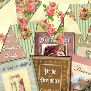 Jane Austen Printable Book Banner and Pennant Flag Banner, Jane Austen Decor, Jane Austen Birthday, Tea Party Decor, Jane Austen Tea