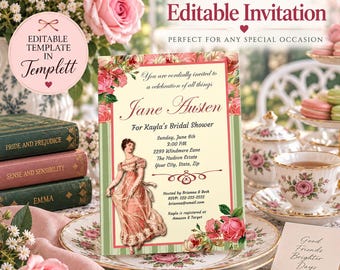 Jane Austen Bridal Shower Invitation, Editable Regency Tea Party Invite, Pride and Prejudice Party, Templett Template