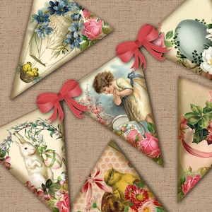 May include: Vintage-style Easter banner with triangular pennants. Each pennant features a different illustration: a child, a bunny, flowers, chicks, and an egg. Red bows adorn the top of each pennant. The background is a textured tan.