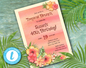 Tropical Invitation, Hawaiian Invitation, Aloha Birthday, Hawaiian Brunch, Editable File