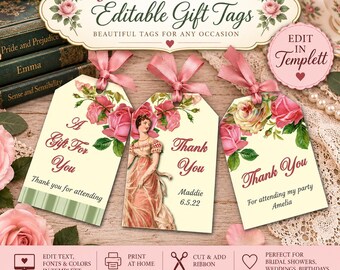 Editable Jane Austen Favor Tags, Regency Thank You Tags, Bridal Shower Gift Tags, Tea Party Favors, Templett Template