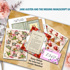 Pu&ograve; includere: Un gioco di escape room a tema Jane Austen con un design floreale rosa e bianco. Il gioco include un libro con il testo "Pride & Prejudice, Capitolo 1" e una carta rosa con il numero 7342. &Egrave; incluso anche il testo "Configurazione facile, non &egrave; necessario Internet o serrature".