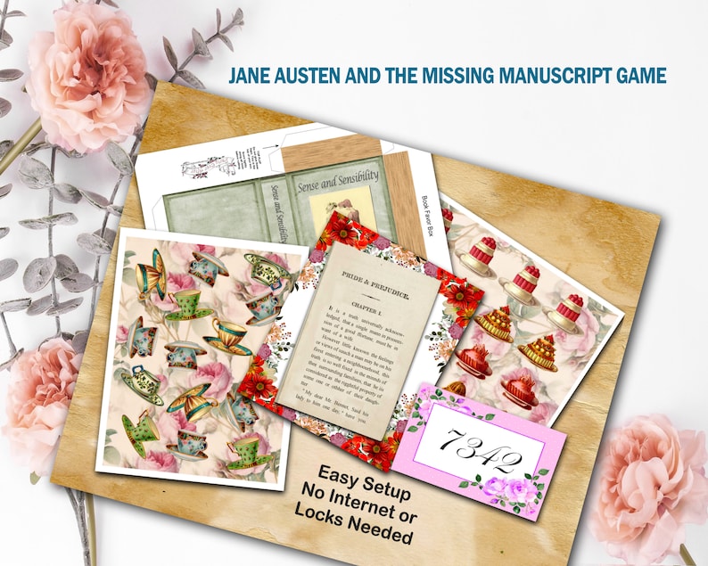 Pu&ograve; includere: Un gioco di escape room a tema Jane Austen con un design floreale rosa e bianco. Il gioco include un libro con il testo "Pride & Prejudice, Capitolo 1" e una carta rosa con il numero 7342. &Egrave; incluso anche il testo "Configurazione facile, non &egrave; necessario Internet o serrature".
