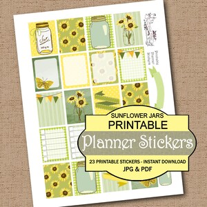 Sunflower Mason Jar Summer Printable Planner Stickers DIY Instant Download