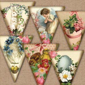 May include: A collection of vintage-style Easter-themed triangle banners. Each banner features pastel colors and illustrations of bunnies, chicks, children, flowers, and Easter eggs. The banners are arranged on a textured, neutral background.