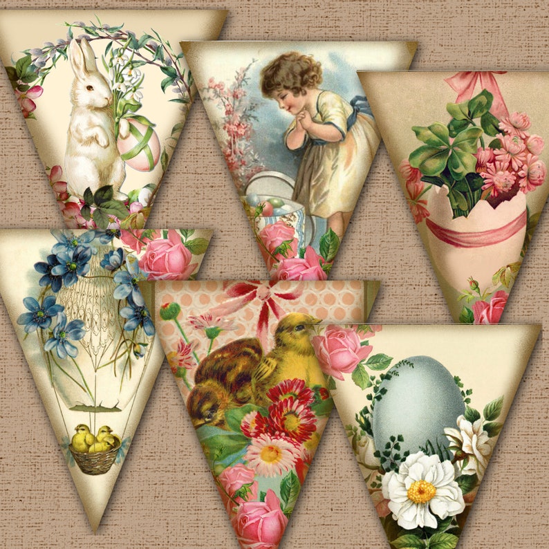 May include: A collection of vintage-style Easter-themed triangle banners. Each banner features pastel colors and illustrations of bunnies, chicks, children, flowers, and Easter eggs. The banners are arranged on a textured, neutral background.