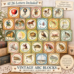May include: A printable alphabet set featuring 26 square tiles, each displaying a letter from A to Z paired with a vintage-style illustration of an object or animal, such as an apple, balloon, cowboy, dog, elephant, frog, goose, horse, igloo, and more.