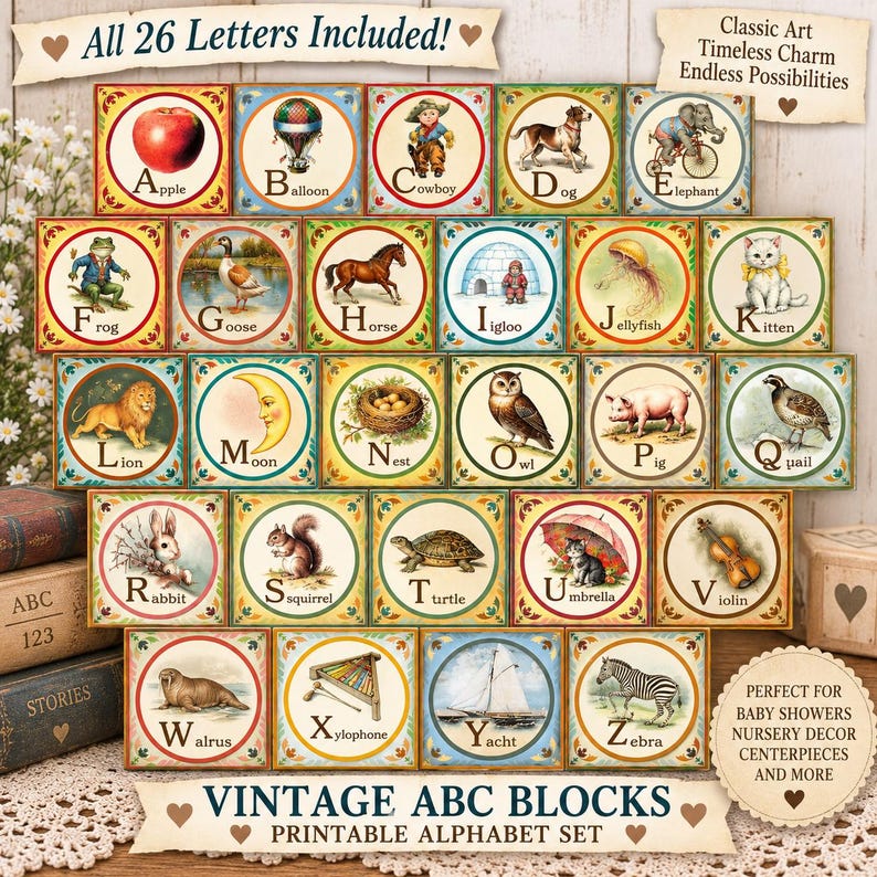 May include: A printable alphabet set featuring 26 square tiles, each displaying a letter from A to Z paired with a vintage-style illustration of an object or animal, such as an apple, balloon, cowboy, dog, elephant, frog, goose, horse, igloo, and more.