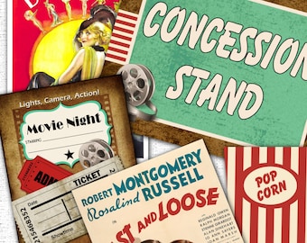 May include: A vintage movie night party printable set with a red, white, and blue poster featuring Constance Bennett, a movie ticket, a concession stand sign, and a popcorn box.
