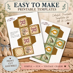 May include: Two printable templates for paper cubes featuring the letters R and Q, rabbit and quail illustrations, and brown tabs. Text includes EASY TO MAKE PRINTABLE TEMPLATES, Colorful, Printable Templates for All 26 Letters!, and PRINT CUT ASSEMBLE.