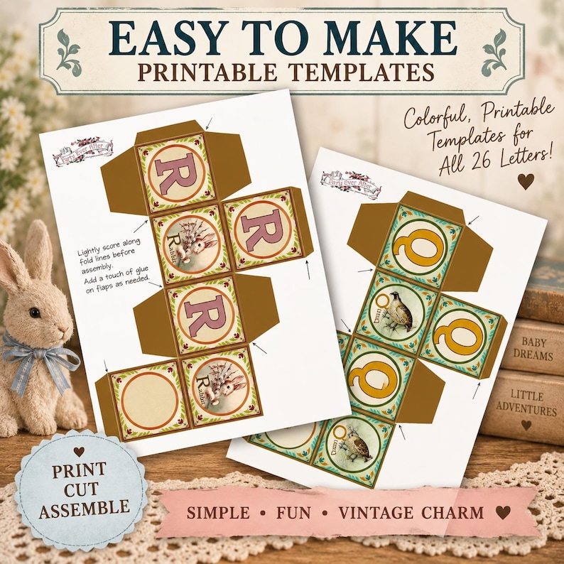 May include: Two printable templates for paper cubes featuring the letters R and Q, rabbit and quail illustrations, and brown tabs. Text includes EASY TO MAKE PRINTABLE TEMPLATES, Colorful, Printable Templates for All 26 Letters!, and PRINT CUT ASSEMBLE.