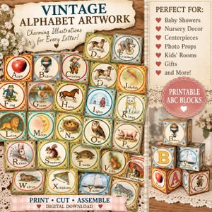 May include: A collection of printable alphabet blocks featuring vintage-style illustrations for each letter from A to Z, including animals and objects like an apple, balloon, cowboy, dog, elephant, frog, goose, horse, igloo, kitten, lion, moon, nest, owl, pig, rabbit, squirrel, turtle, violin, walrus, xylophone, yacht, and zebra.