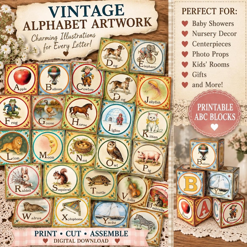 May include: A collection of printable alphabet blocks featuring vintage-style illustrations for each letter from A to Z, including animals and objects like an apple, balloon, cowboy, dog, elephant, frog, goose, horse, igloo, kitten, lion, moon, nest, owl, pig, rabbit, squirrel, turtle, violin, walrus, xylophone, yacht, and zebra.
