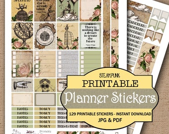 Steampunk Printable Planner Stickers JPG, PDF, Instant Download