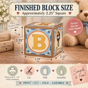 May include: A square paper block featuring the letter B in orange on a blue background with a hot air balloon illustration on the side. The block measures 2.25 inches in height, width, and depth. Text includes FINISHED BLOCK SIZE, Balloon, and instructions to print, cut, fold, and assemble.