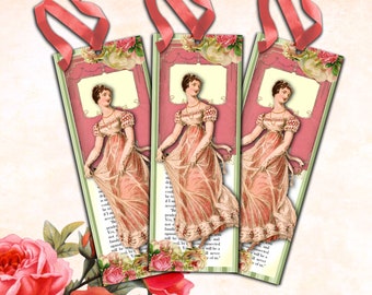 Jane Austen Regency Style Bookmarks, Jane Austen Gifts, Printable Bookmarks, Jane Austen Tea, Tea Party Favors, DIY Bookmark