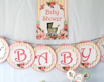 Baby Girl Shower Vintage Carriage Printable Party Pack Kit Instant Download