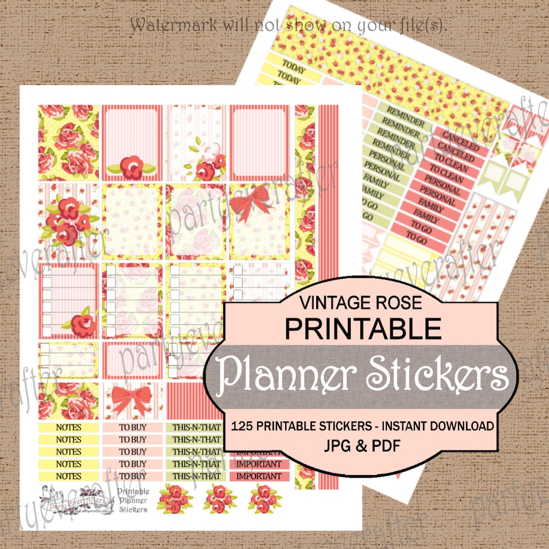 Vintage Rose Printable Planner Stickers JPG PDF Instant Download Files ...