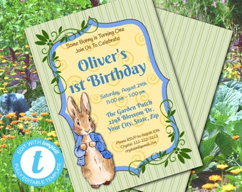 Peter Rabbit Party Invitation, Baby Shower, 1st Birthday, Beatrix Potter, Editable Template, Instant Download