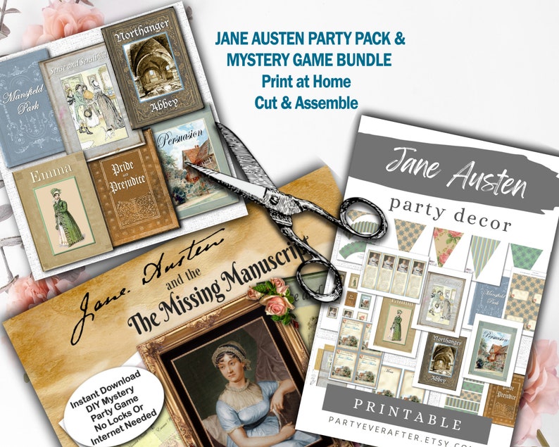 Pu&ograve; includere: Set di decorazioni per feste Jane Austen stampabile con un pacchetto di giochi di mistero. Il pacchetto include uno striscione, decorazioni per cupcake e altre decorazioni. Il gioco &egrave; un gioco di mistero fai-da-te senza serrature o internet. L'immagine mostra una variet&agrave; di copertine di libri di Jane Austen, tra cui Orgoglio e Pregiudizio, Emma e Northanger Abbey.