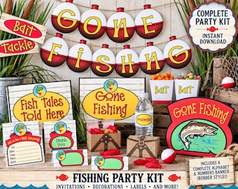 May include: A fishing-themed party kit featuring a banner with red and white bobber-shaped letters spelling GONE FISHING, signs reading Fish Tales Told Here, invitations, labels, and treat boxes. The set includes graphics of fish and fishing gear.
