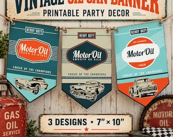 Classic Car Birthday Banner, Vintage Oil Can Party Decor, Printable Car Banner, Garage Party, Digital Download