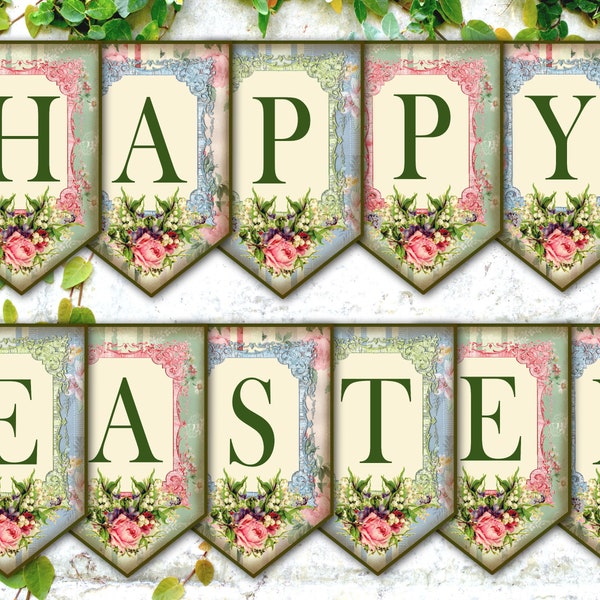 Happy Easter Banner, Easter Decor DIY, Hanging Easter Decor, Shabby Chic Easter Decor, Printable Easter Garland, 5 Minute Crafts