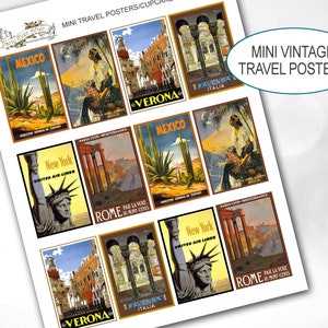 Mini poster di viaggio vintage, festa di buon viaggio, decorazioni per cupcake da viaggio, festa di viaggio vintage, creazione di biglietti, stanze in miniatura, scrapbooking