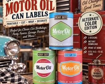 Vintage Motor Oil Can Labels, Classic Car Party Decor, Retro Garage Birthday, Alternate Colors, Digital Download