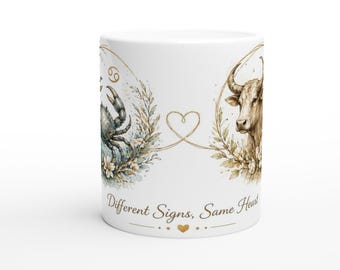 Cancer Taurus Zodiac Mug | Celestial Artwork, Different Signs Same Heart Coffee Cup