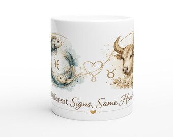 Pisces Taurus Zodiac Mug, Astrology Mother Child Coffee Cup, Different Signs Same Heart