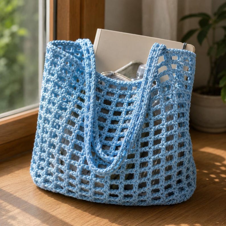 A crochet beach bag full of essentials