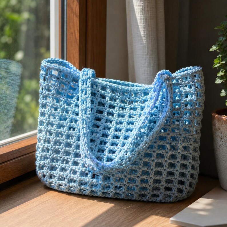 A crochet grocery bag in sky blue color