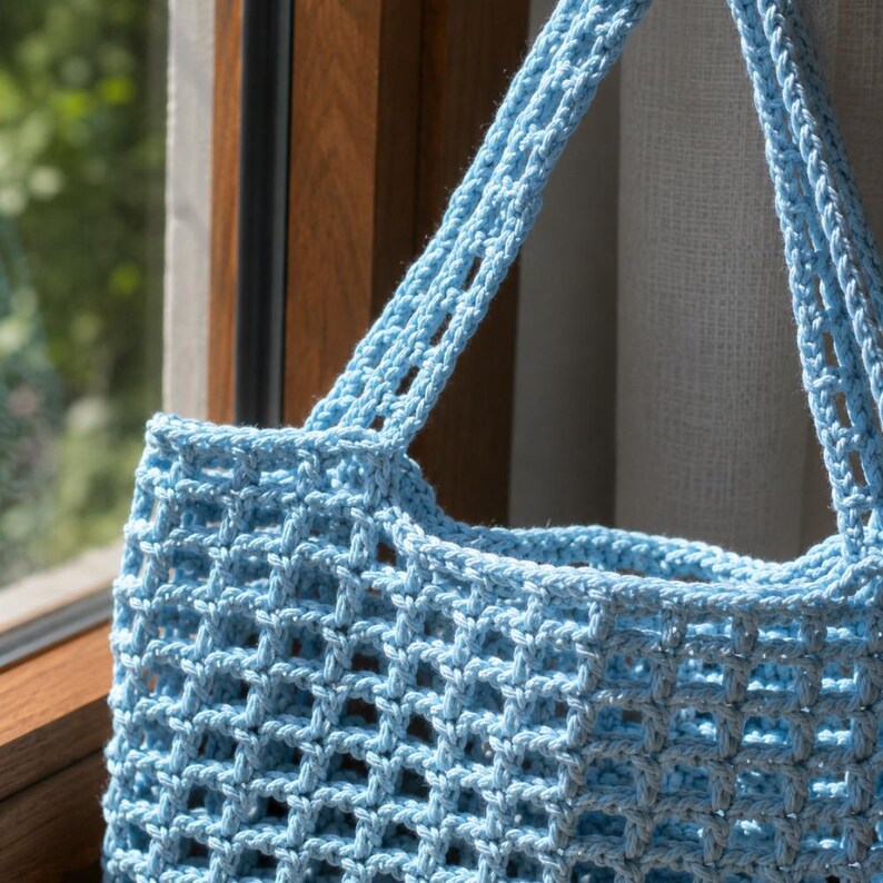A close up view of crochet tote bag