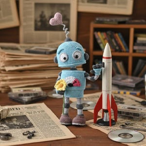 Puede incluir: Un juguete de robot de ganchillo azul hecho a mano con un corazón rosa en una antena de alambre. El robot sostiene una flor amarilla y un objeto en forma de abanico. Un cohete blanco y rojo está cerca. El robot está sobre una mesa con periódicos y CDs.