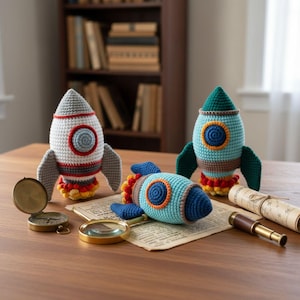 May include: Three colorful crochet rocket ships in gray, blue, and teal with red, orange, and yellow accents. The rockets have wings and circular windows. A compass, magnifying glass, and a rolled-up map are on the wooden surface.