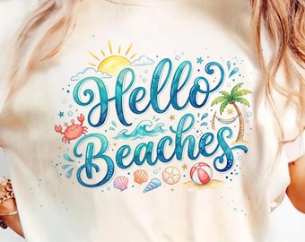 Camiseta gráfica Hello Beaches, ropa retro para vacaciones de verano, ropa con tipografía ondulada y moderna, camiseta divertida para viajes a la playa, camiseta original y sarcástica con humor.