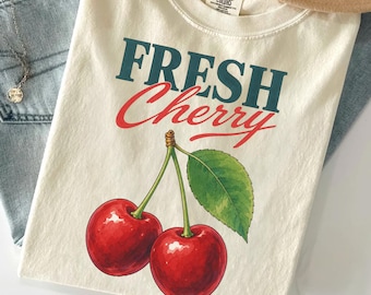 Comfort Colors® vintage shirt kersen, T-shirt kersen, shirt fruit, zomershirt, cadeau foodliefhebber, cadeau kersenliefhebber, retro shirt kersen