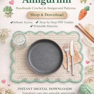 Pode incluir: Um anúncio para ZelertStore Amigurumi, com um tapete de crochê com prato, garfo e faca. A imagem inclui o texto: "Handmade Crochet & Amigurumi Patterns." e "Instant Digital Downloads."